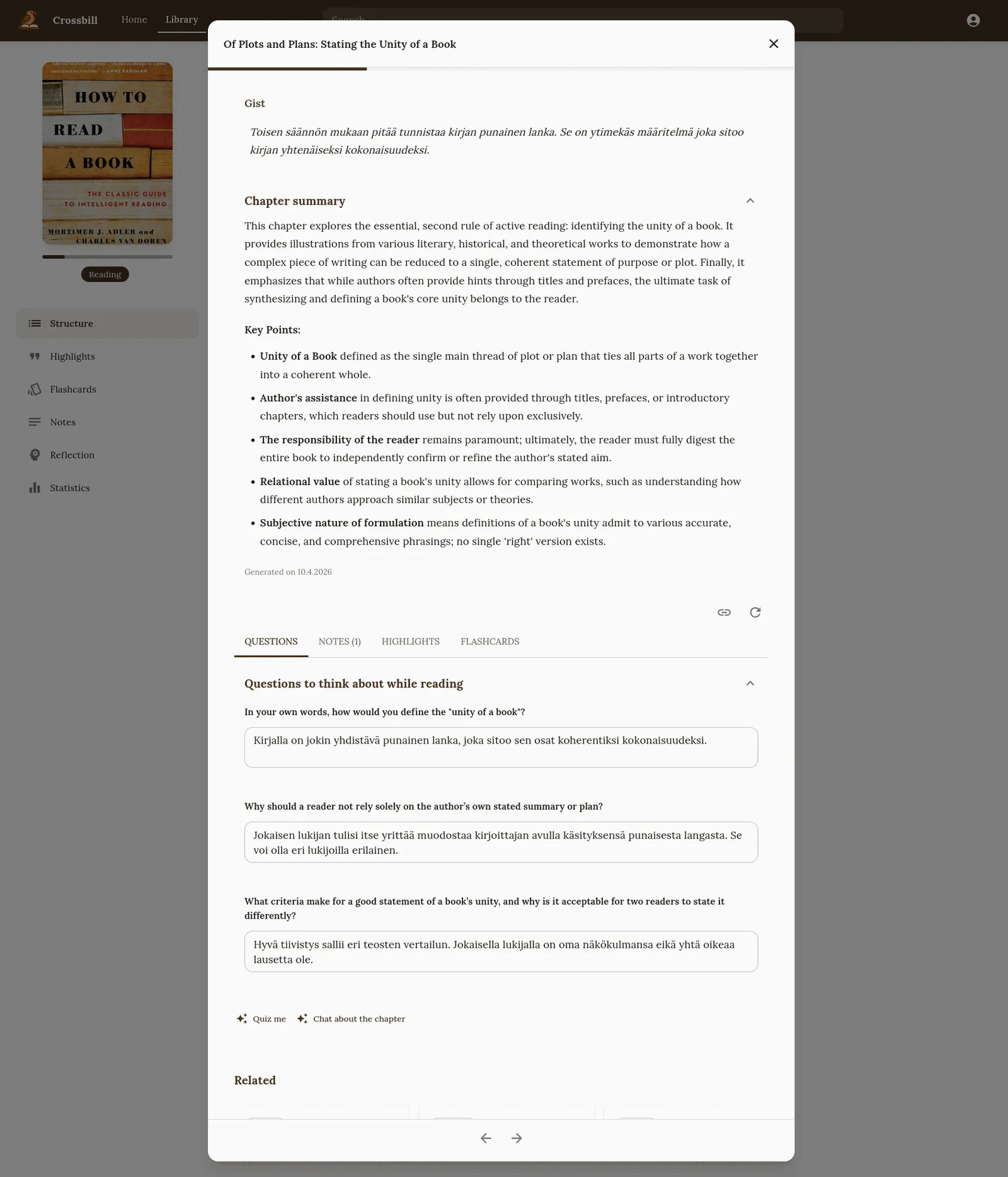 A chapter dialog: a gist, a generated chapter summary with key points, and comprehension questions with the reader's own written answers below each.