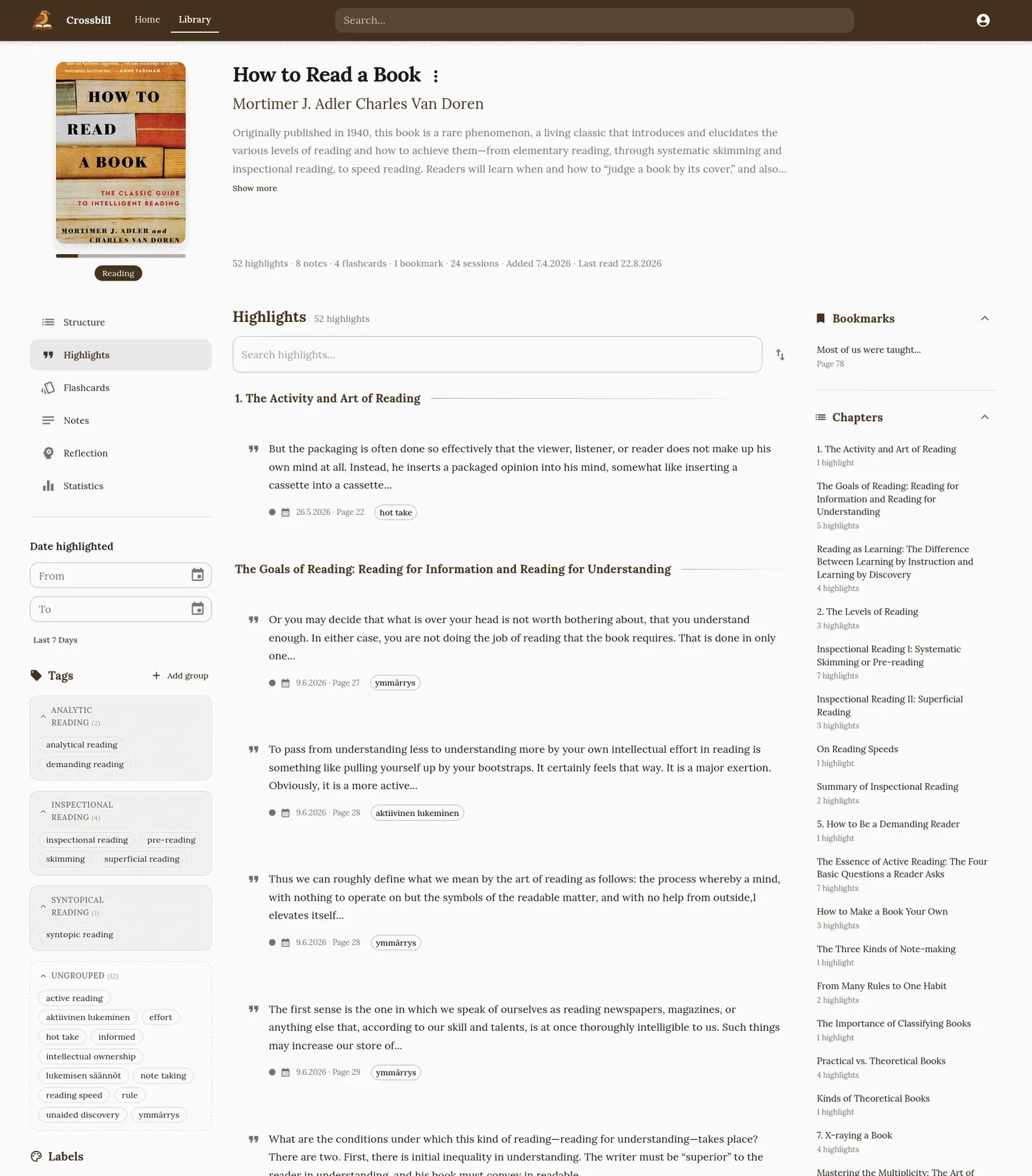 A book's highlights page: highlights grouped under their chapter headings, each with a date, page number and tag, with tag groups in the left sidebar and a chapter list on the right.
