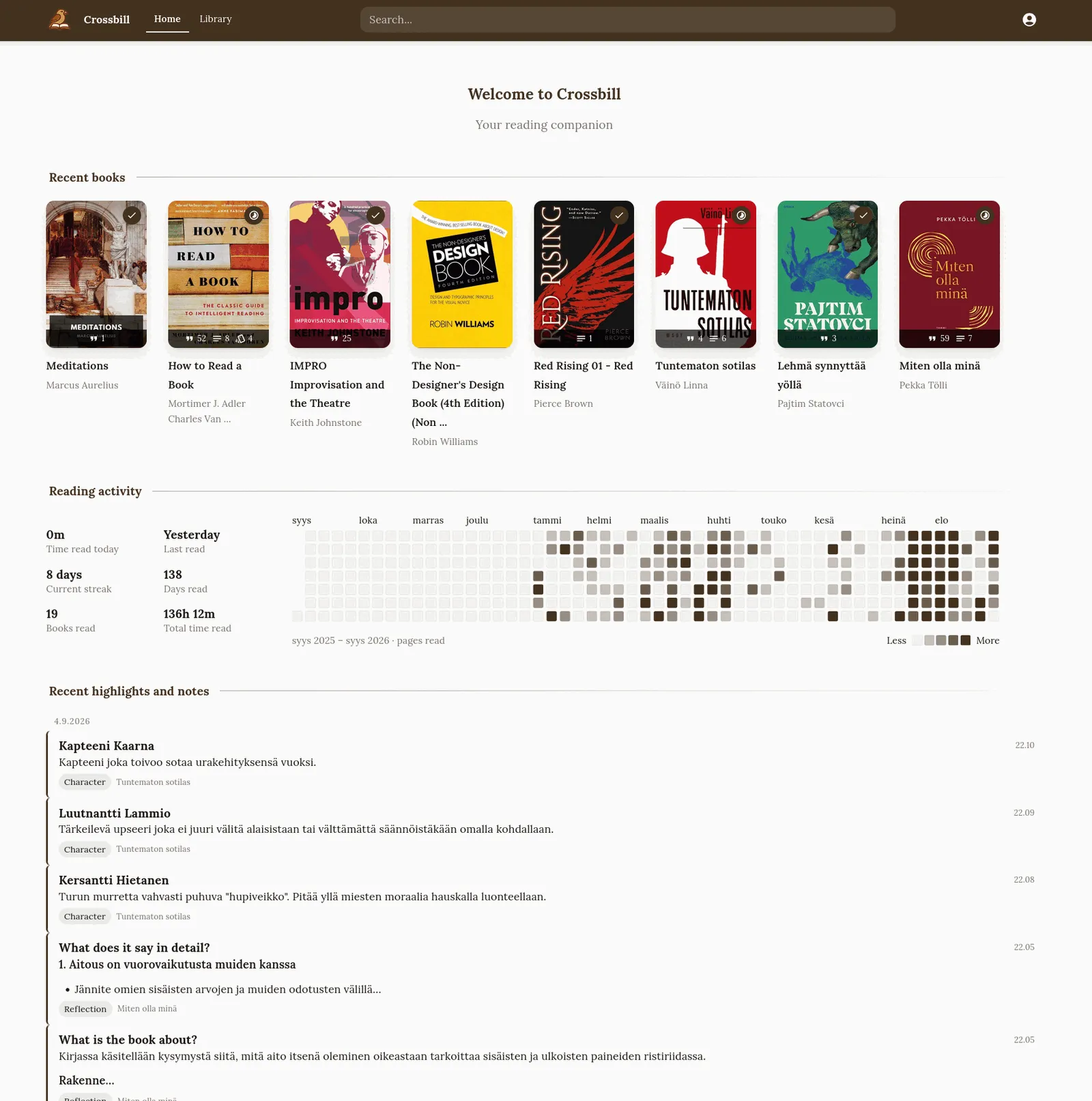 Crossbill's home page: a row of recent book covers, a year of reading activity drawn as a heat map, and a timeline of the newest highlights and notes.