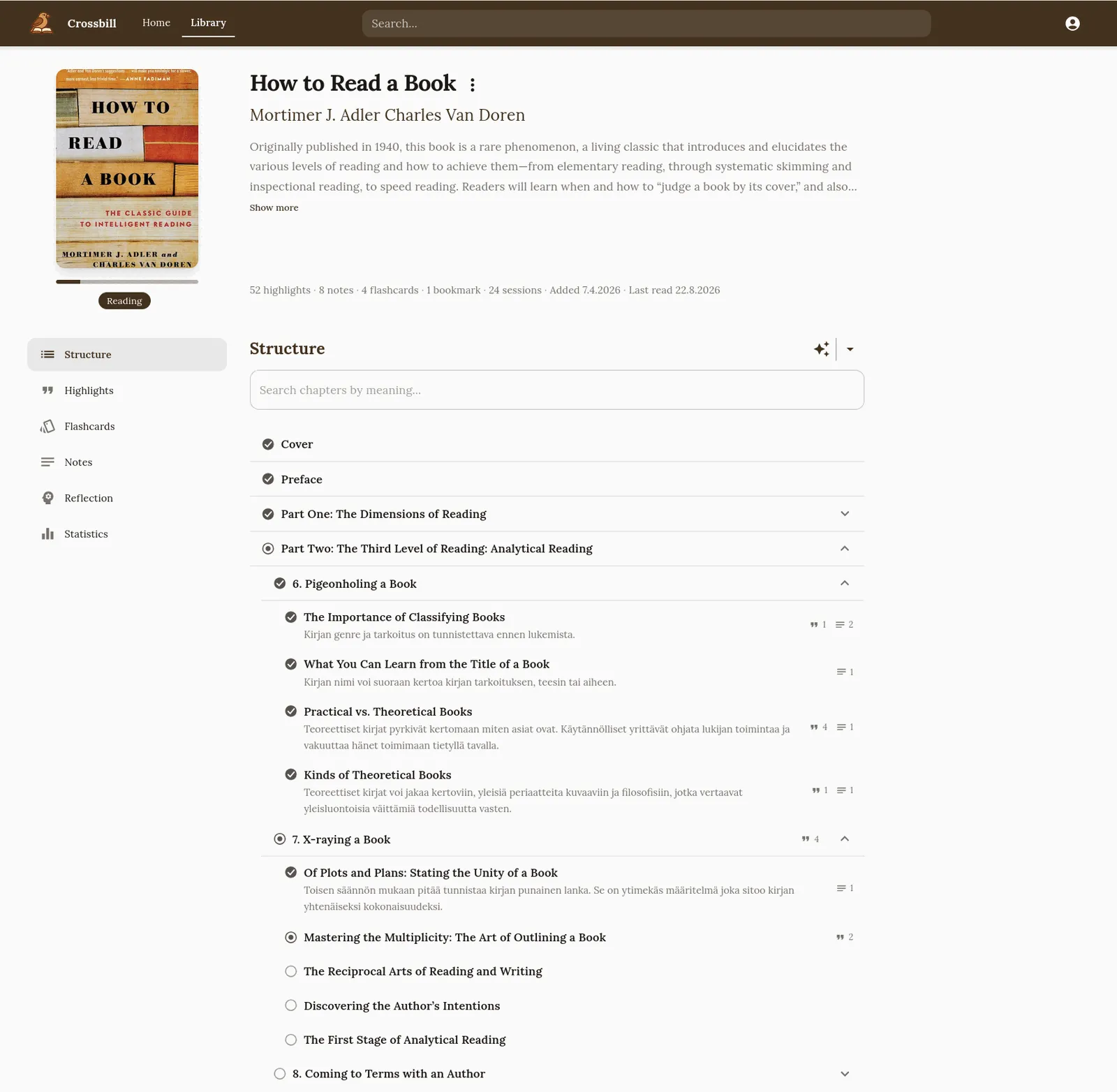 A book's structure page: the table of contents as a nested tree, each chapter marked read, reading or unread, with a one-line gist and counts of its highlights and notes.