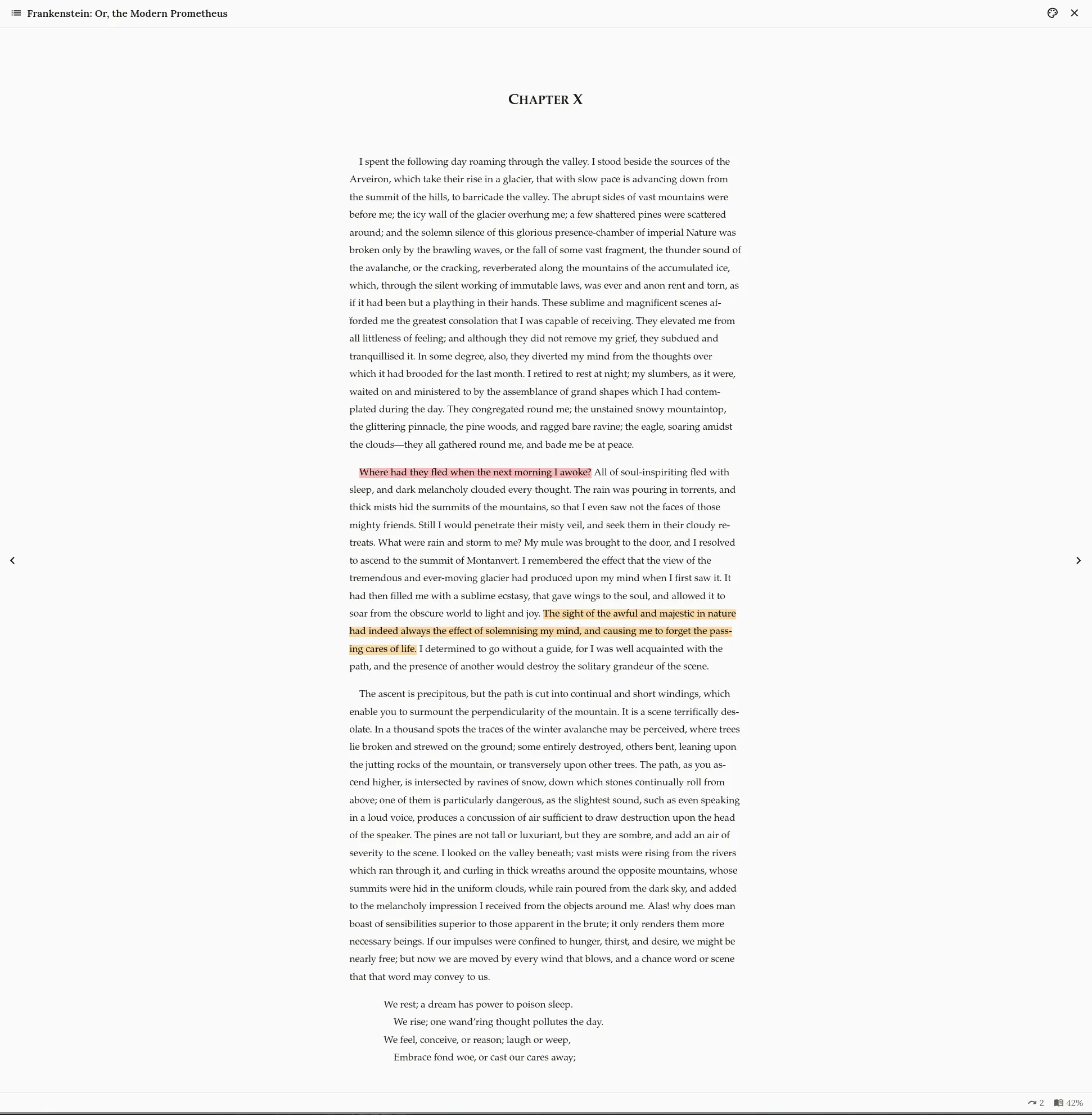The web reader showing chapter X of Frankenstein in the browser: two passages highlighted in place, one in pink and one in orange, the book's title and a contents button in the top bar, page-turn arrows at either edge, and pages left in the chapter and percent read in the footer.